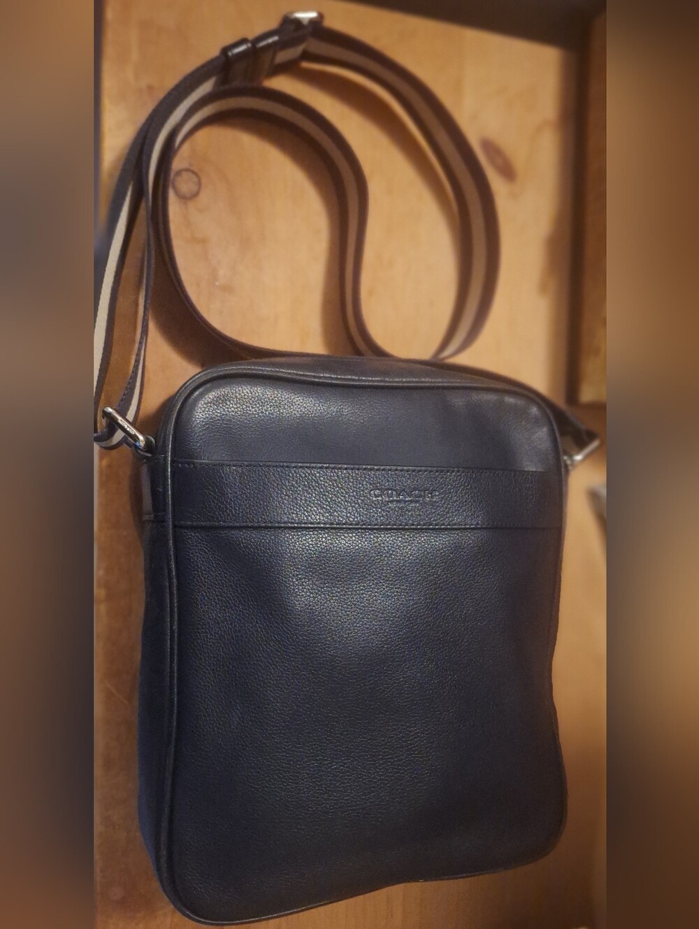 Coach Black Leather Bag with Striped Adjustable Crossbody Strap